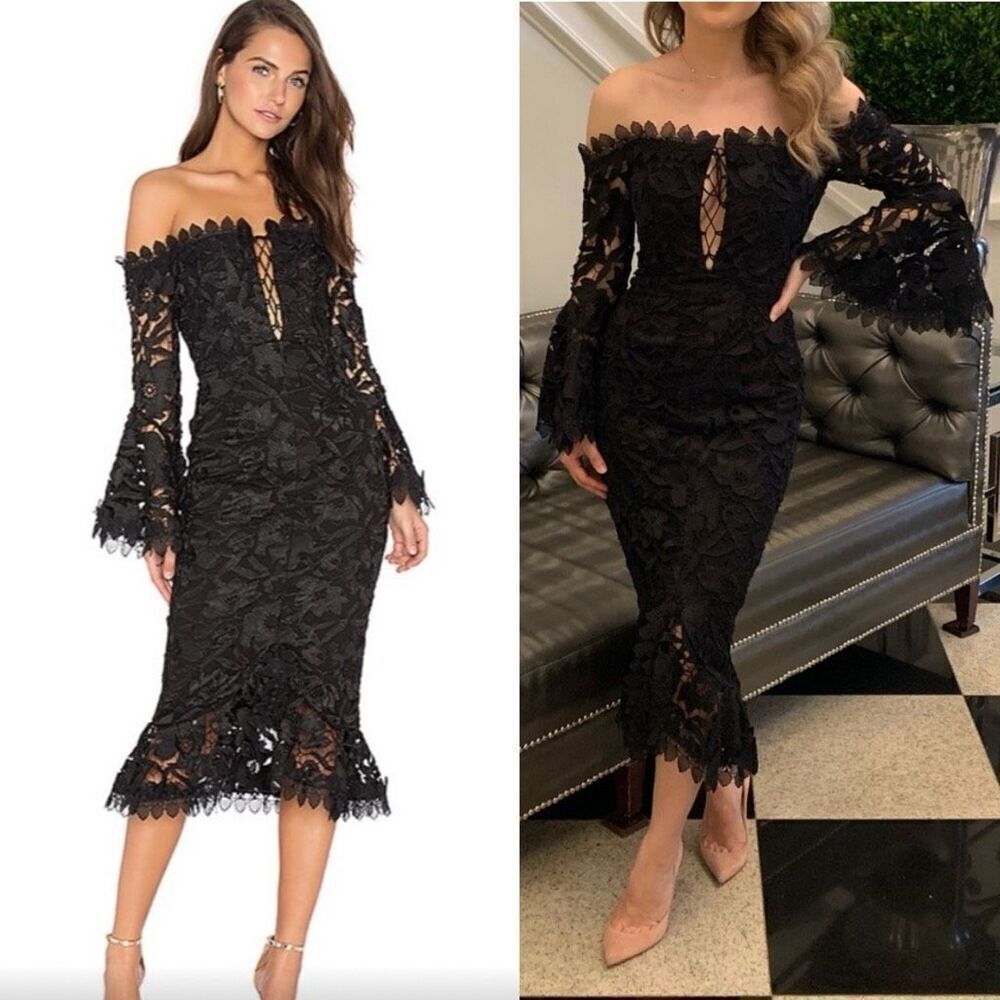NICHOLAS Botanical Off Shoulder Midi Lace Bell Sleeve Dress
